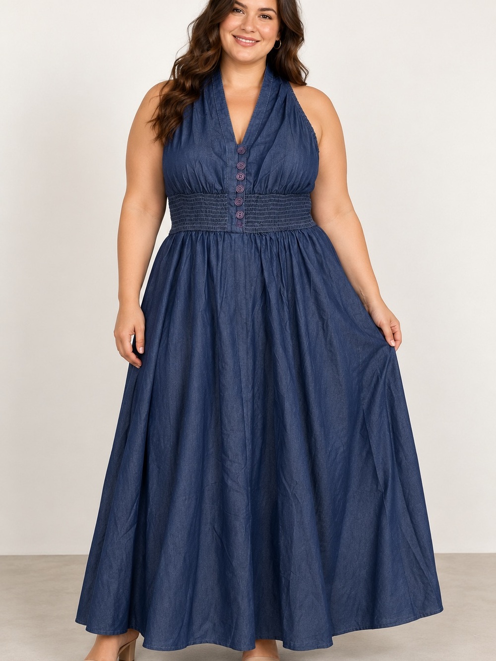 Step In Style Blue Chambray Smocked Halter Maxi Dress 2X NWT